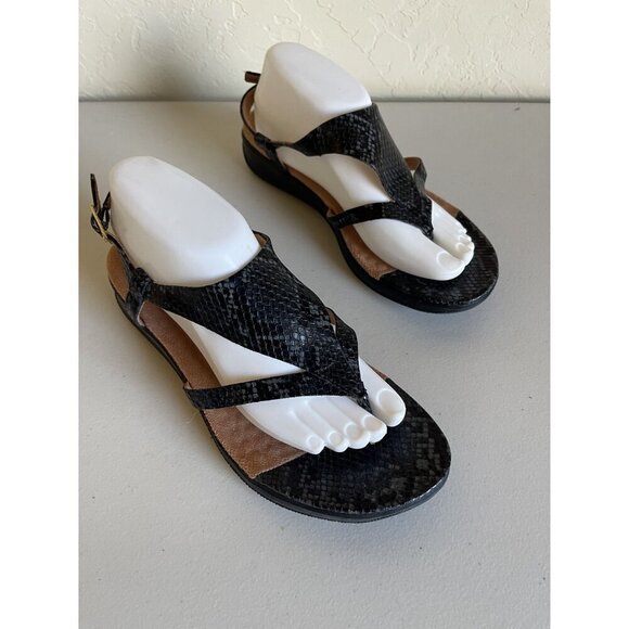 Softwalk Size 9M Black Leather Reptile Print Orthotic Sandals Toe Post Ankle Str - Picture 3 of 7